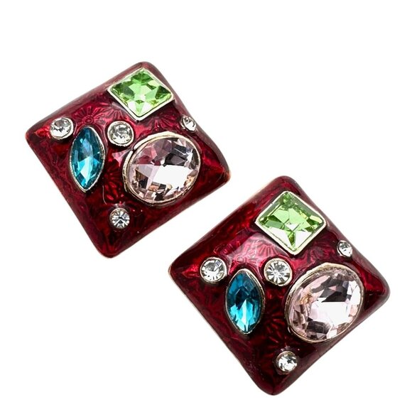 Womens Earrings Blue Pink Green Rhinestone Red Enamel Earrings Pierced - Picture 1 of 4